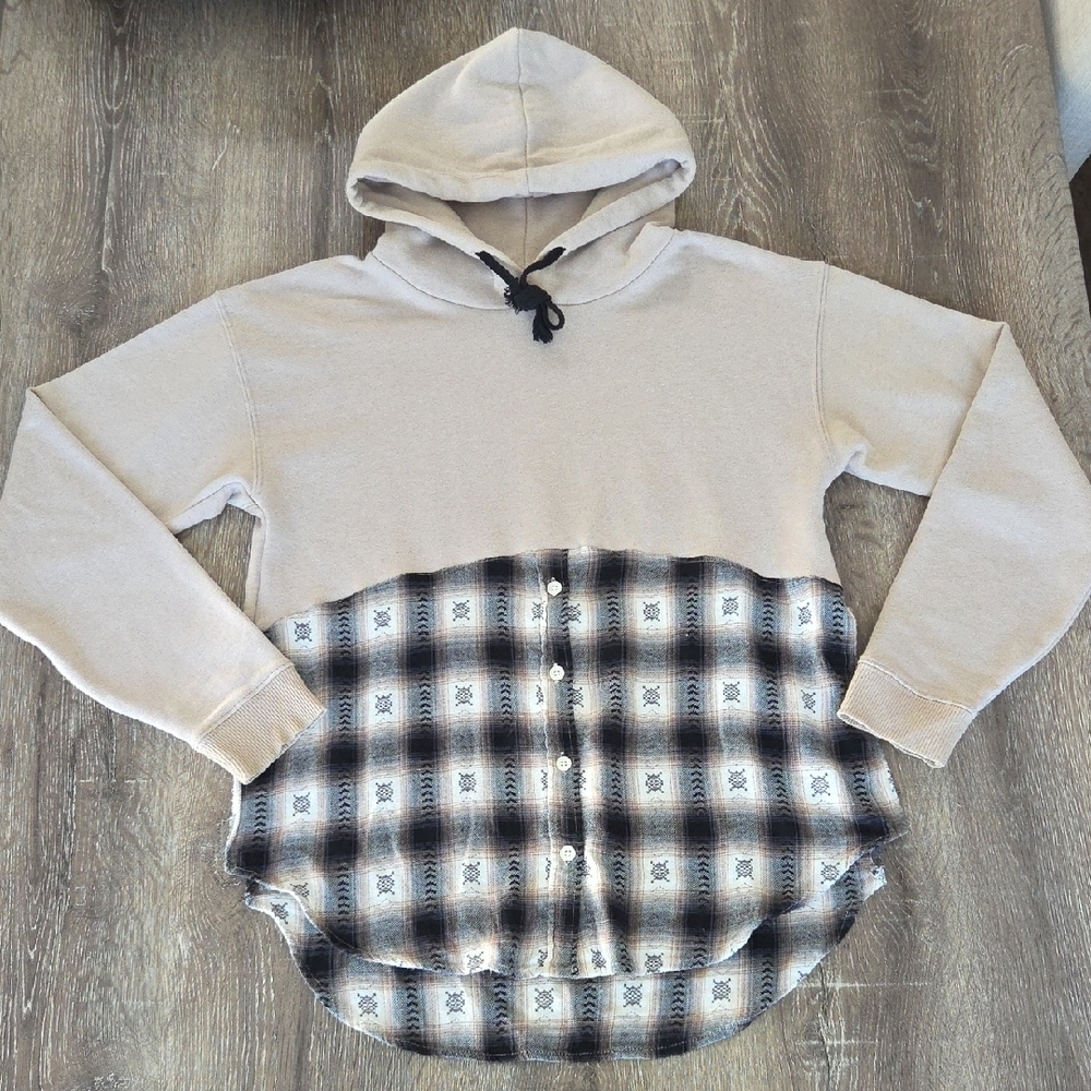 1 Of 1 Upcycled Split Side Hoodie Flannel Handmade Sustainable Streetwear Small